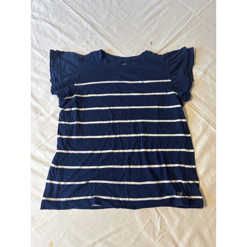 Vineyard Vines Surf Tee Girls L 14 Navy Blue Stripe Ruffle Sleeve
